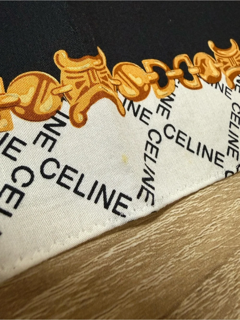 Celine Black, White & Gold Chain Motif Scarf- 19”x19”